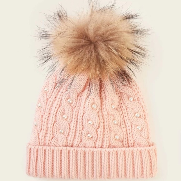 Accessories - NEW! Pink Cable-knit Pearl and Pom-Pom Beanie Hat